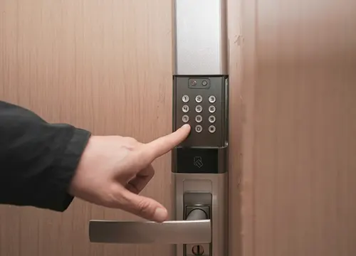 Access reader and maglock system installed at a commercial entrance.